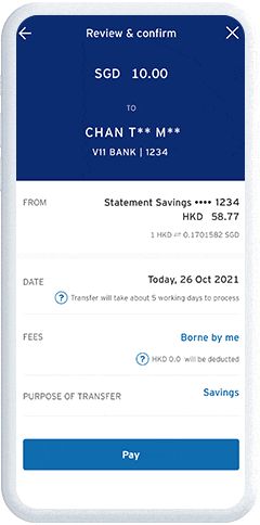 Review and confirm the details to complete the transfer by tapping “<b>Pay</b>” 